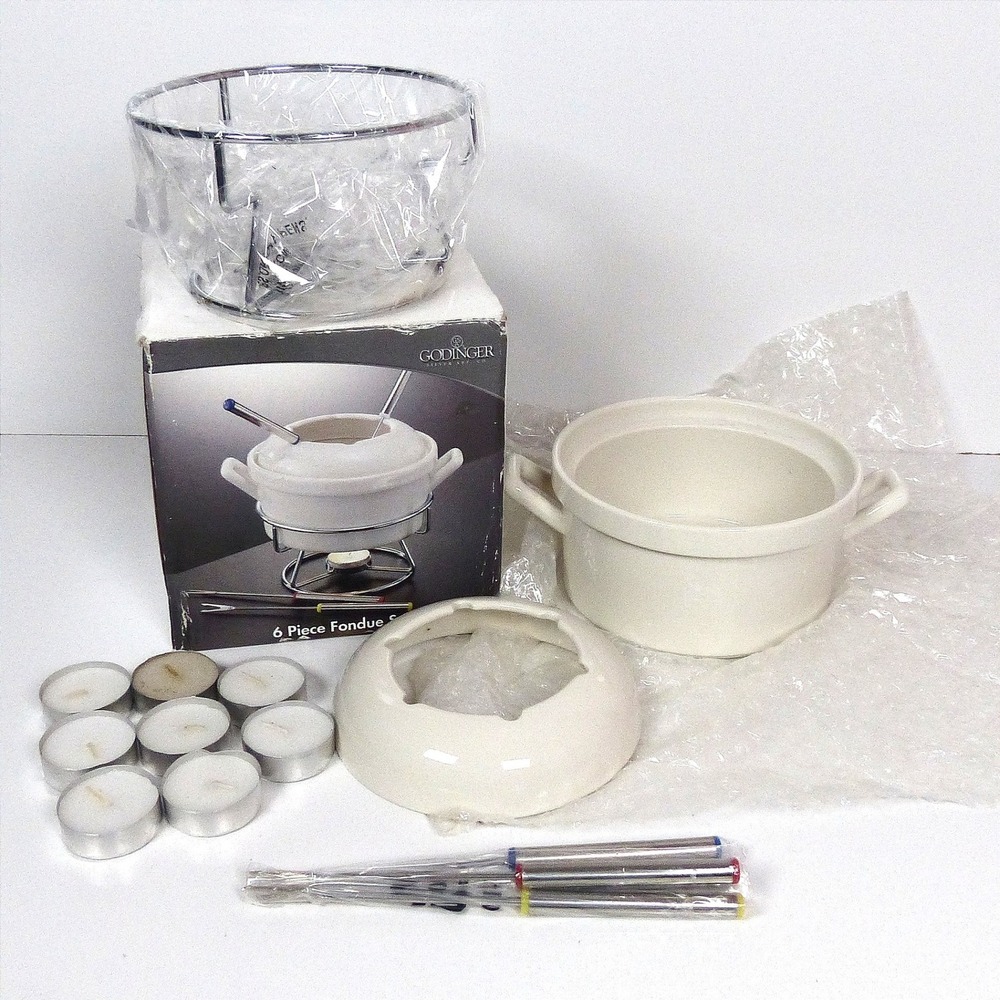 GODINGER 6 PC Cheese FONDUE Set Porcelain Casserole 4 Forks Metal Stand Oven New
